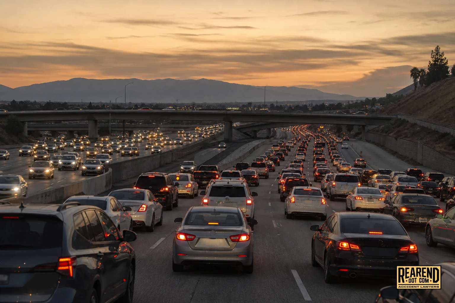 Riverside freeway traffic near SR-91 interchange showing local driving conditions. photorealistic photo of a busy Southern California freeway interchange resembling SR-91 near Riverside at dusk, brake lights lined up in heavy traffic, warm