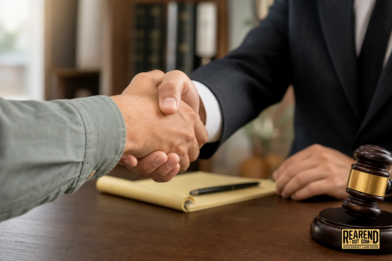 Client and attorney shaking hands across a desk representing a no-upfront-cost consultation agreement