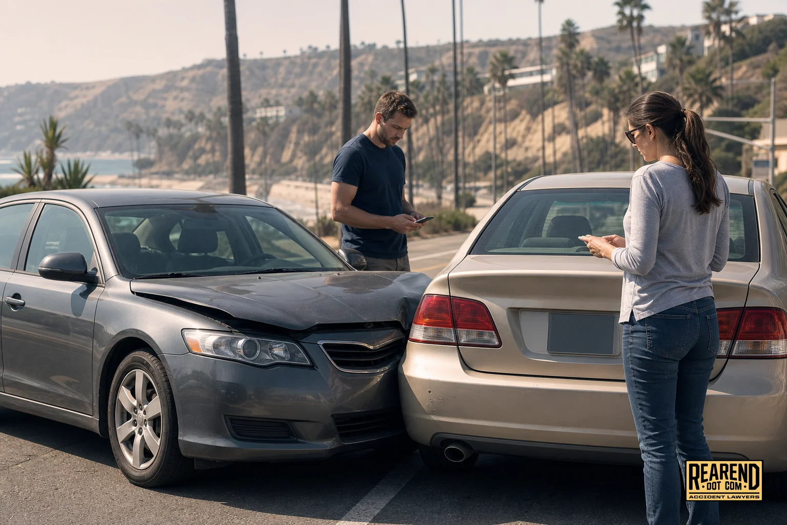Two cars stopped on a Southern California road after a rear-end collision with drivers exchanging information