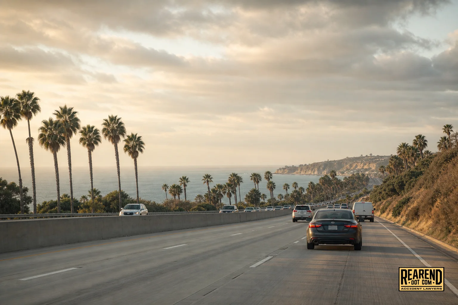 Wide view of a Southern California coastal highway near Oceanside with palm trees and distant ocean view