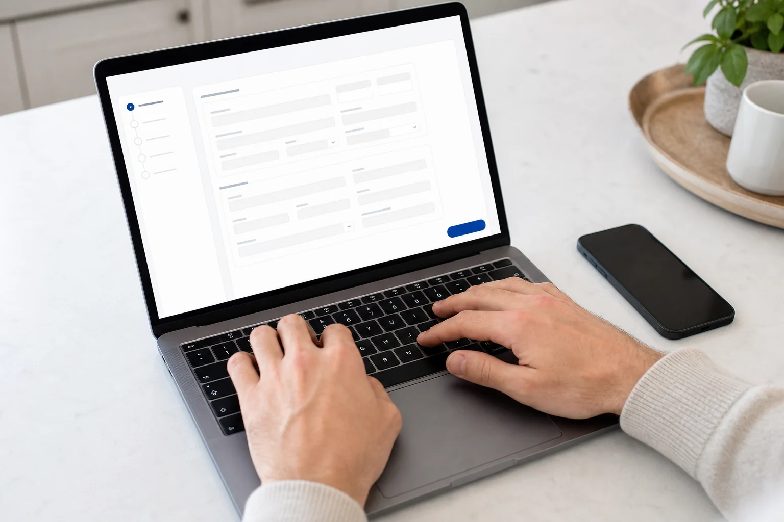 Person completing an online rear-end accident legal intake form on a laptop, getting fast access to legal help
