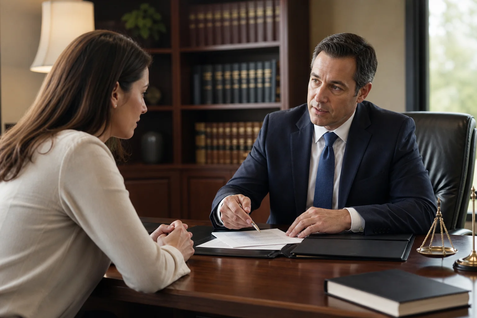 Client consulting with a rear-end accident attorney in a professional office, discussing case strategy