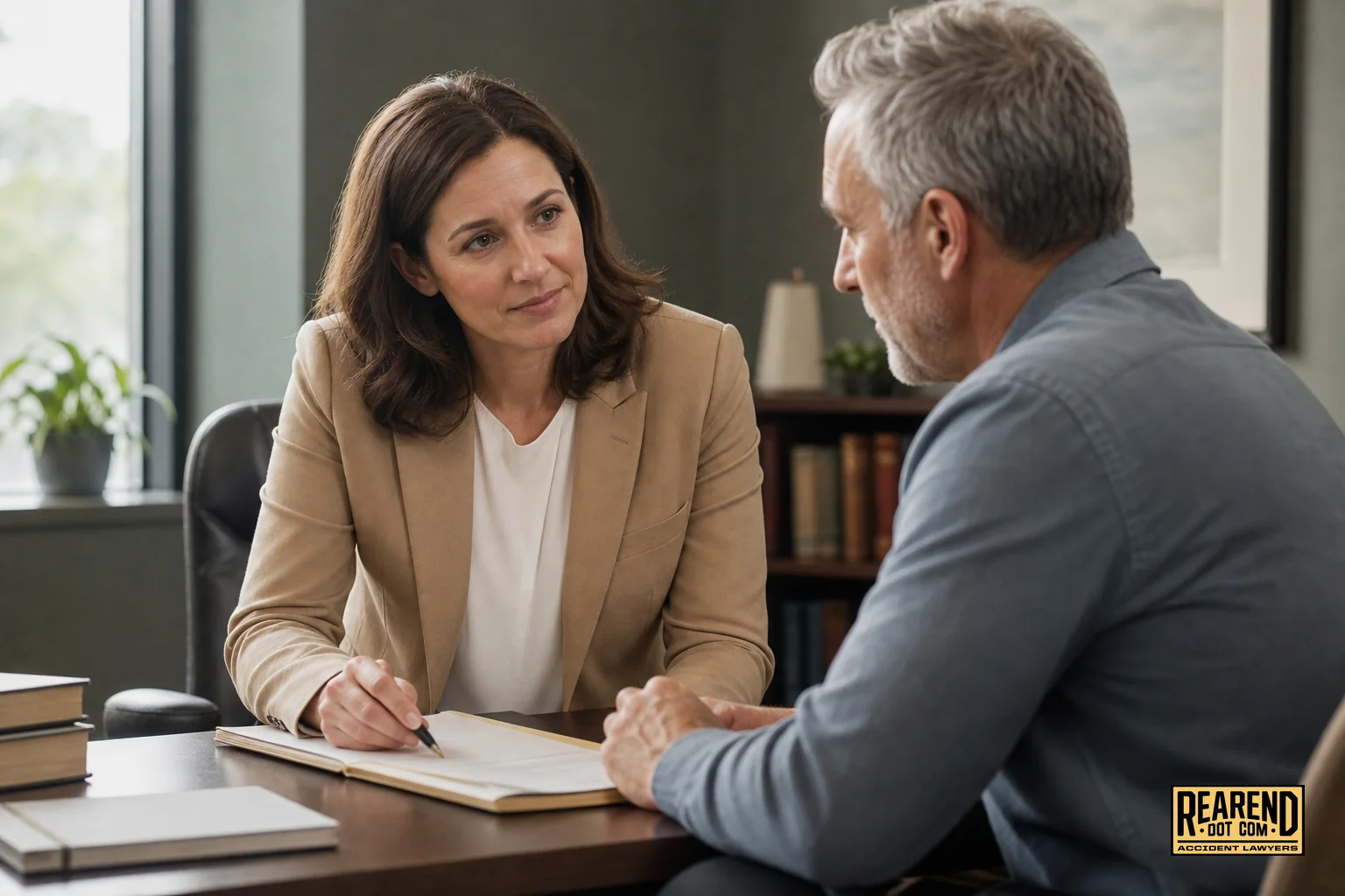 photorealistic photo of a compassionate attorney in a modest office sitting across from a client, reviewing a claim folder together, warm and reassuring mood, soft natural window light, color palette featuring muted tan #e0c08f, deep brown