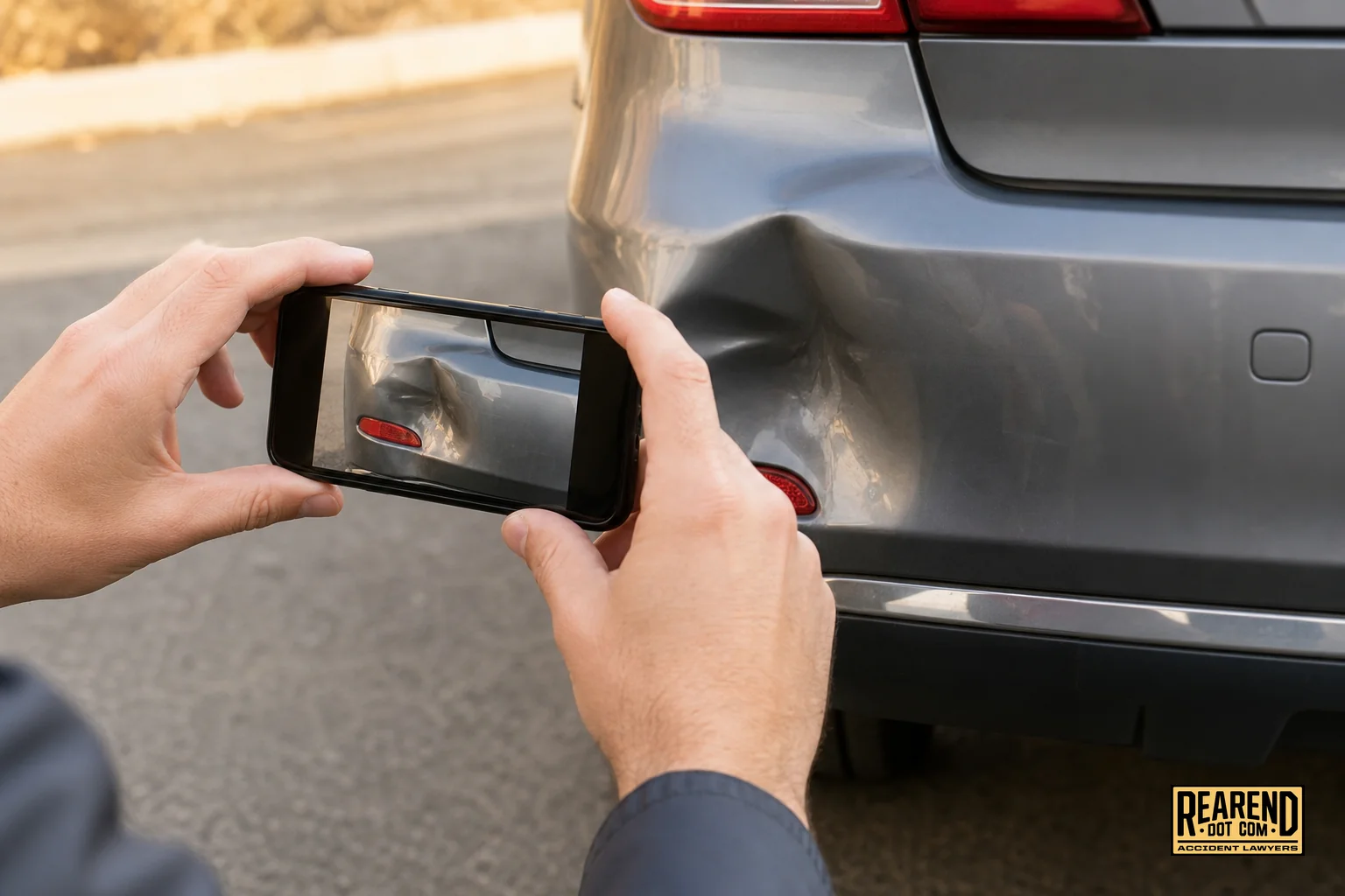 photorealistic photo of a person's hands holding a smartphone taking a photo of a dented rear bumper after a car accident, close-up composition, natural daylight, warm neutral tones with muted tan #e0c08f and slate gray #7c8c8c accents