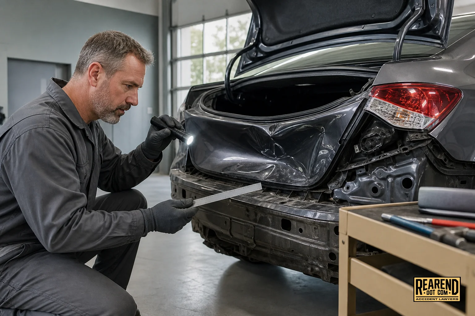 Close-up of a trusted local mechanic inspecting rear-end collision damage on a car. photorealistic close-up photo of an experienced auto body technician in a clean independent repair shop carefully inspecting rear bumper and trunk damage on