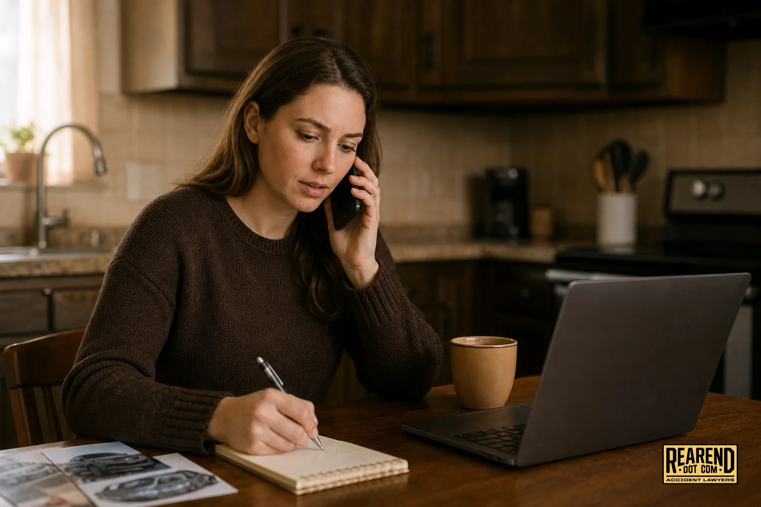 A person on the phone getting guidance from a legal support team about repair options after a crash. photorealistic photo of a person sitting at a kitchen table, phone to their ear, taking notes on a notepad while discussing car repair