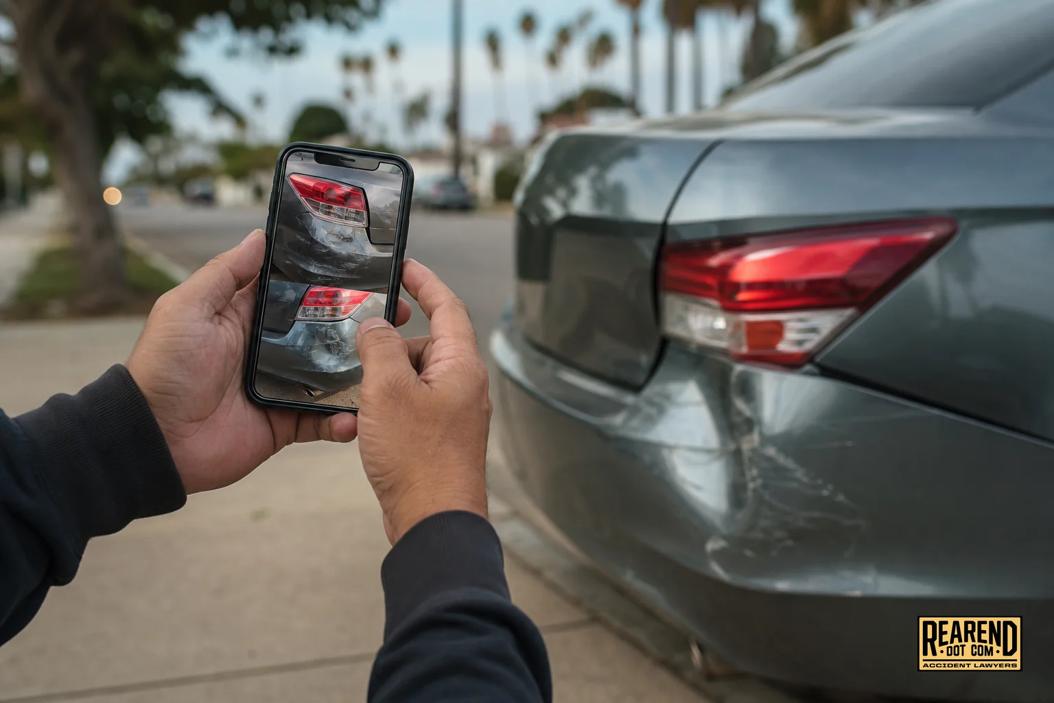 Close-up of hands reviewing accident photos on a phone next to a damaged rear bumper. photorealistic: A close-up photo of a person's hands holding a smartphone displaying accident scene photos, standing beside a car with a dented rear