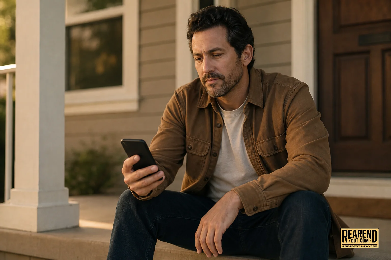 Person looking at phone with a cautious expression, deciding whether to answer an unknown call. photorealistic: A photo of a person sitting on a porch step holding a ringing smartphone, looking at it with a thoughtful, cautious expression