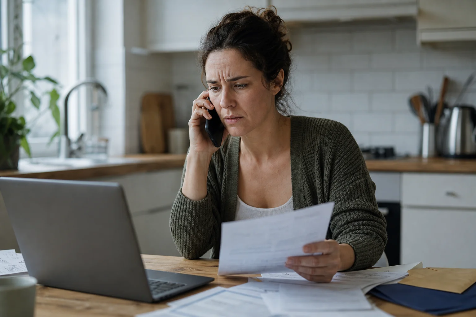 Stressed accident victim on the phone with an insurance adjuster, looking uncertain and overwhelmed at a kitchen table