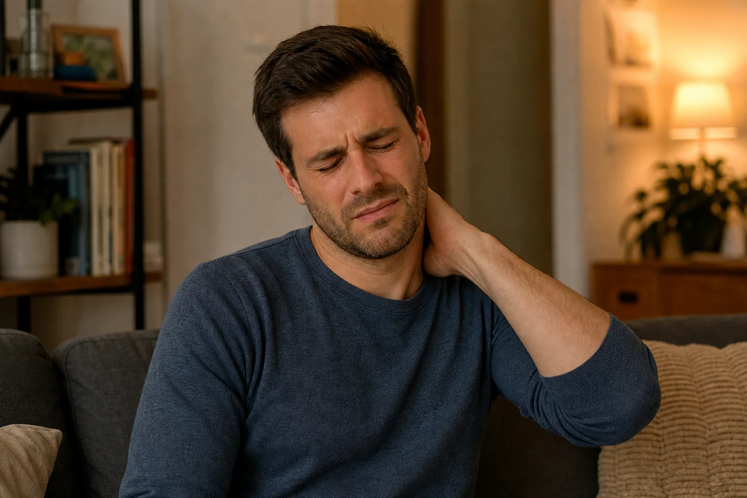 Person sitting at home holding their neck in pain, experiencing delayed whiplash symptoms after a rear-end collision