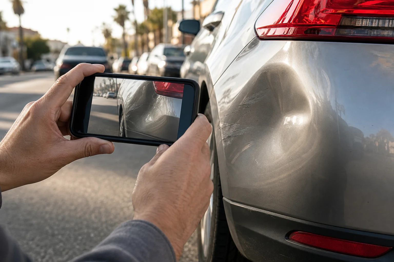 Person photographing minor rear bumper damage with a smartphone to document evidence after a rear-end collision