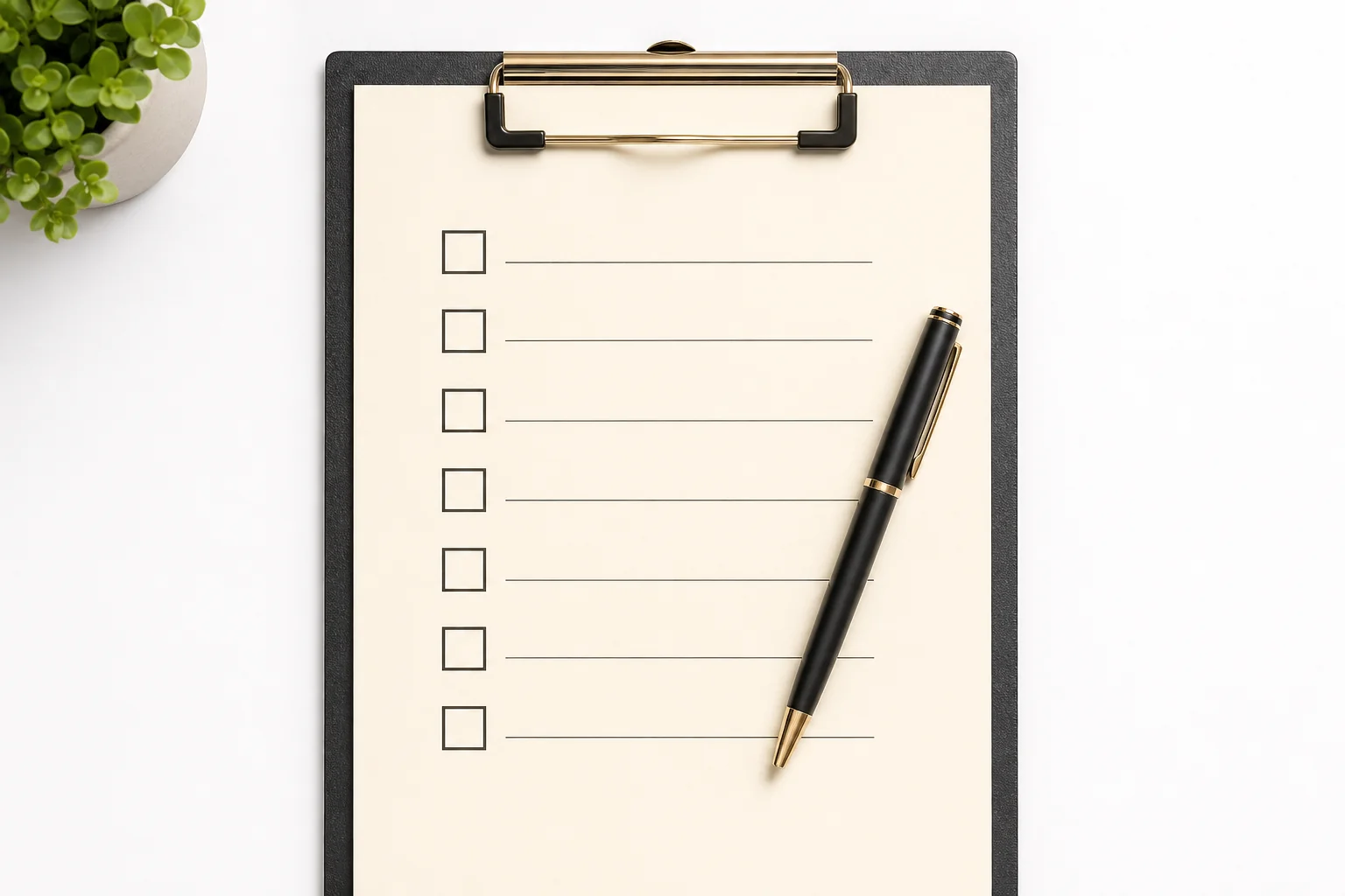 Checklist on a clipboard with a pen, representing the attorney vetting process for rear-end accident victims