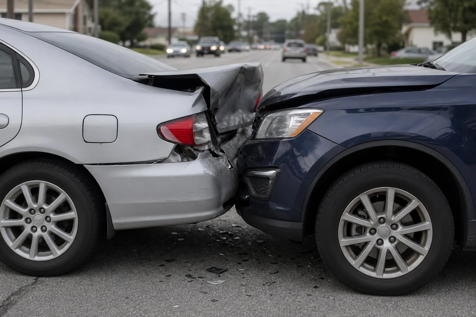 Two cars involved in a rear-end collision on a city street, illustrating the type of accident case an experienced attorney should understand