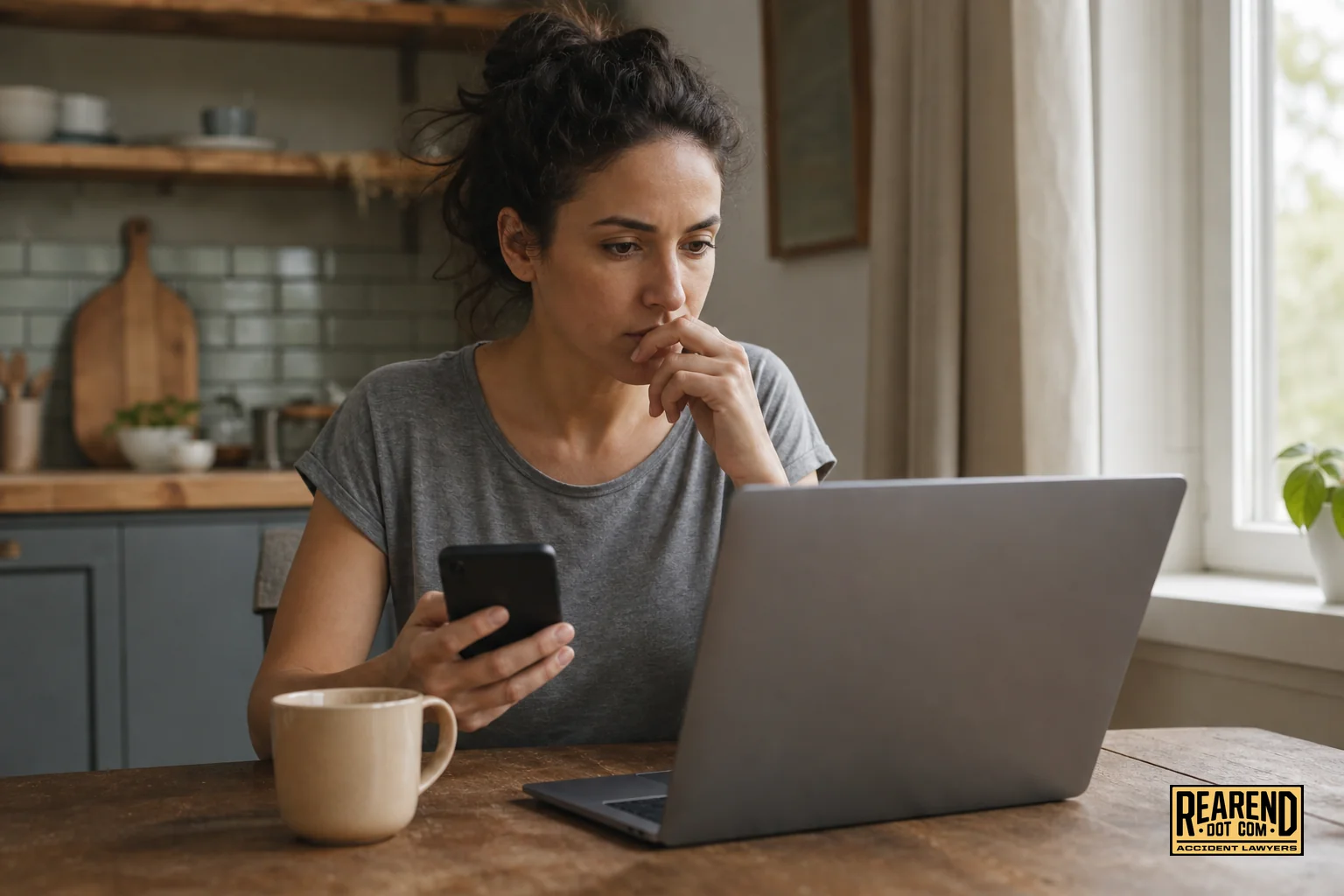 A person sitting at a kitchen table looking at a laptop and phone, having just submitted an online accident claim form, waiting for a call back. Photorealistic photo of a person sitting at a home kitchen table, looking thoughtfully at a