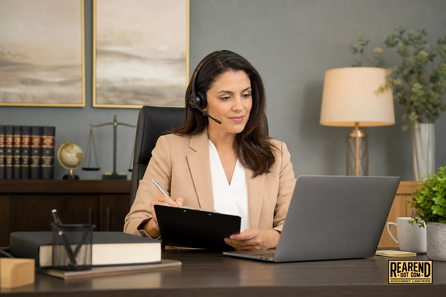 A legal team member on the phone reviewing case notes at a desk, representing the intake and follow-up call process at a law firm. Photorealistic photo of a professional legal team member sitting at an office desk, wearing business casual