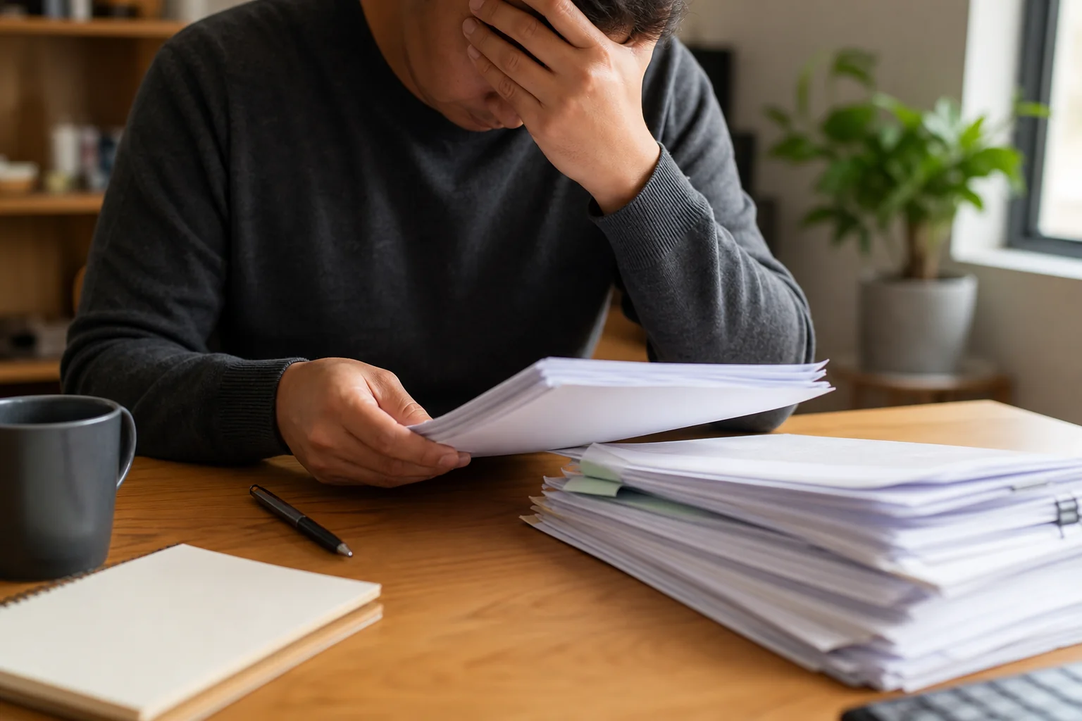 Person reviewing insurance claim paperwork at a desk, looking concerned about the settlement offer
