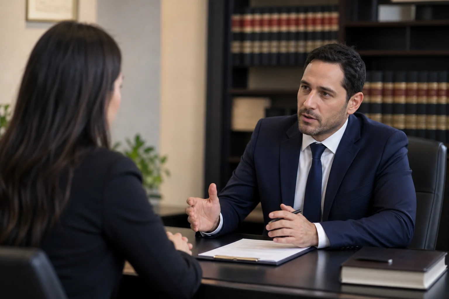 Attorney consulting with a rear-end collision client in a professional San Jose law office setting