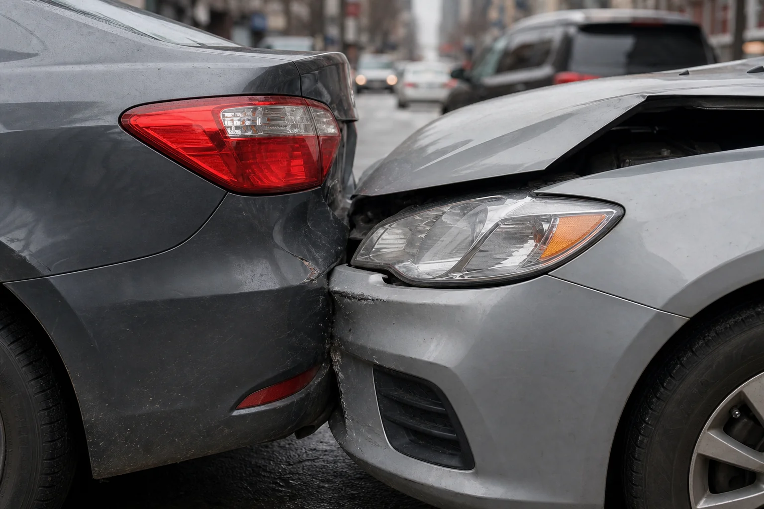 Two vehicles after a rear-end collision on a San Jose city street, showing front-end damage to the striking car