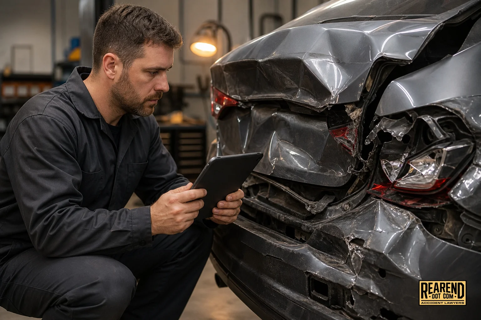 Close-up of an auto body technician inspecting rear-end collision damage and documenting it for a repair estimate. Photorealistic close-up photo of an auto body technician in work coveralls examining a crushed rear bumper and trunk area of