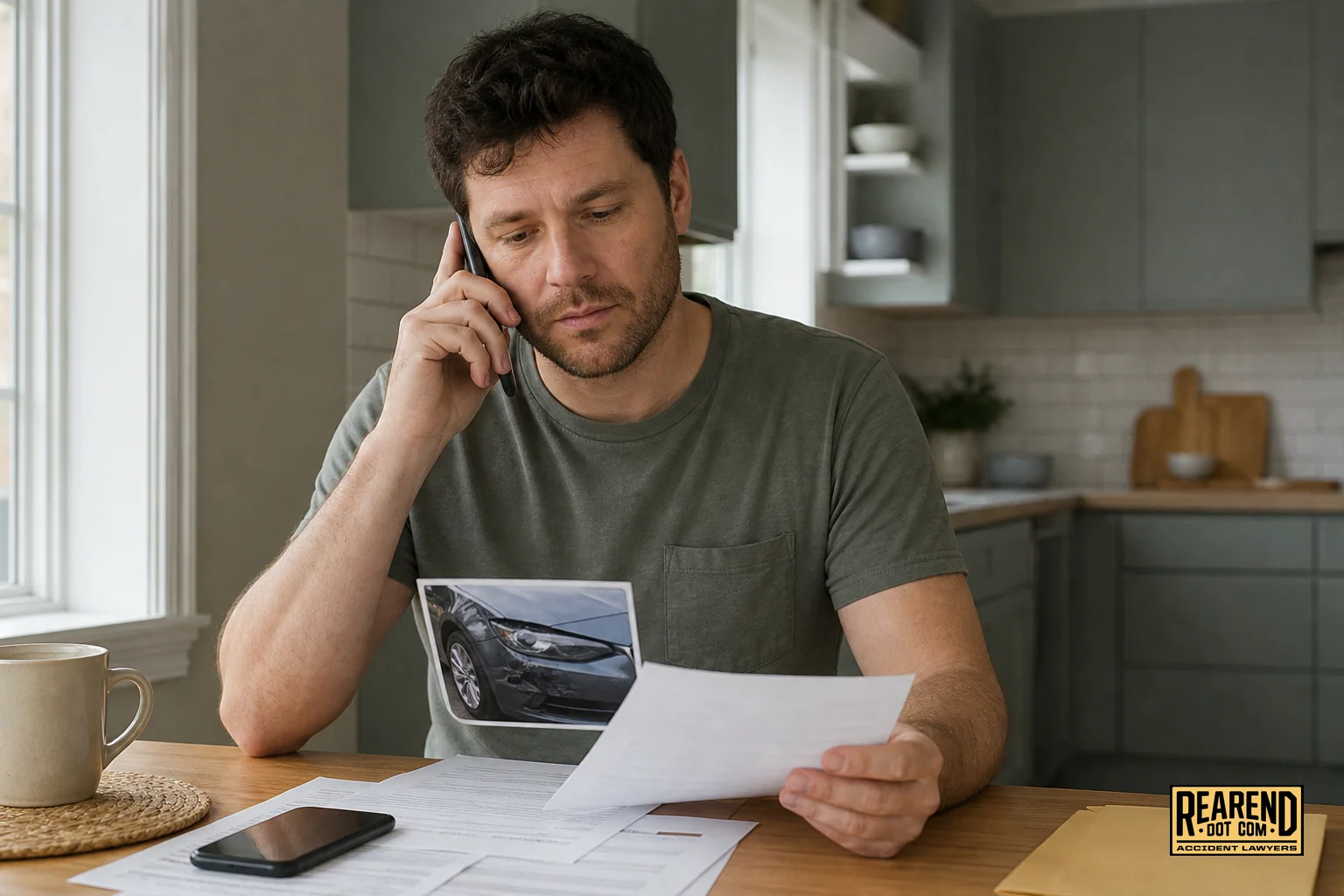 Photorealistic photo of a person sitting at a home kitchen table, holding a phone to their ear with one hand and reviewing printed insurance paperwork and a smartphone photo of car damage with the other hand, soft natural window light