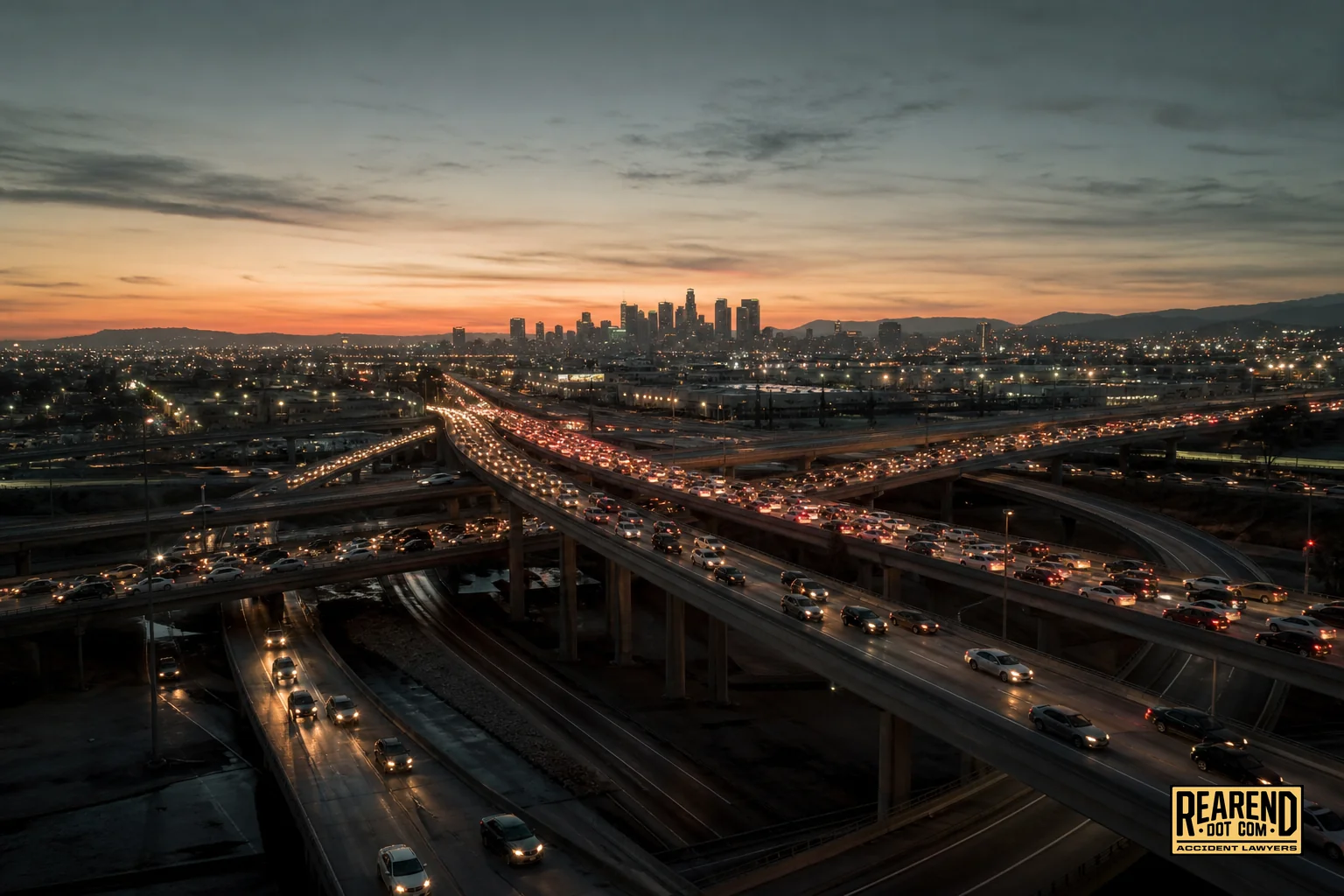A wide shot of a busy Los Angeles freeway interchange symbolizing the traffic congestion and rear-end collision risk in the city. Photorealistic wide-angle photo of a busy Los Angeles multi-level freeway interchange at dusk, dense traffic