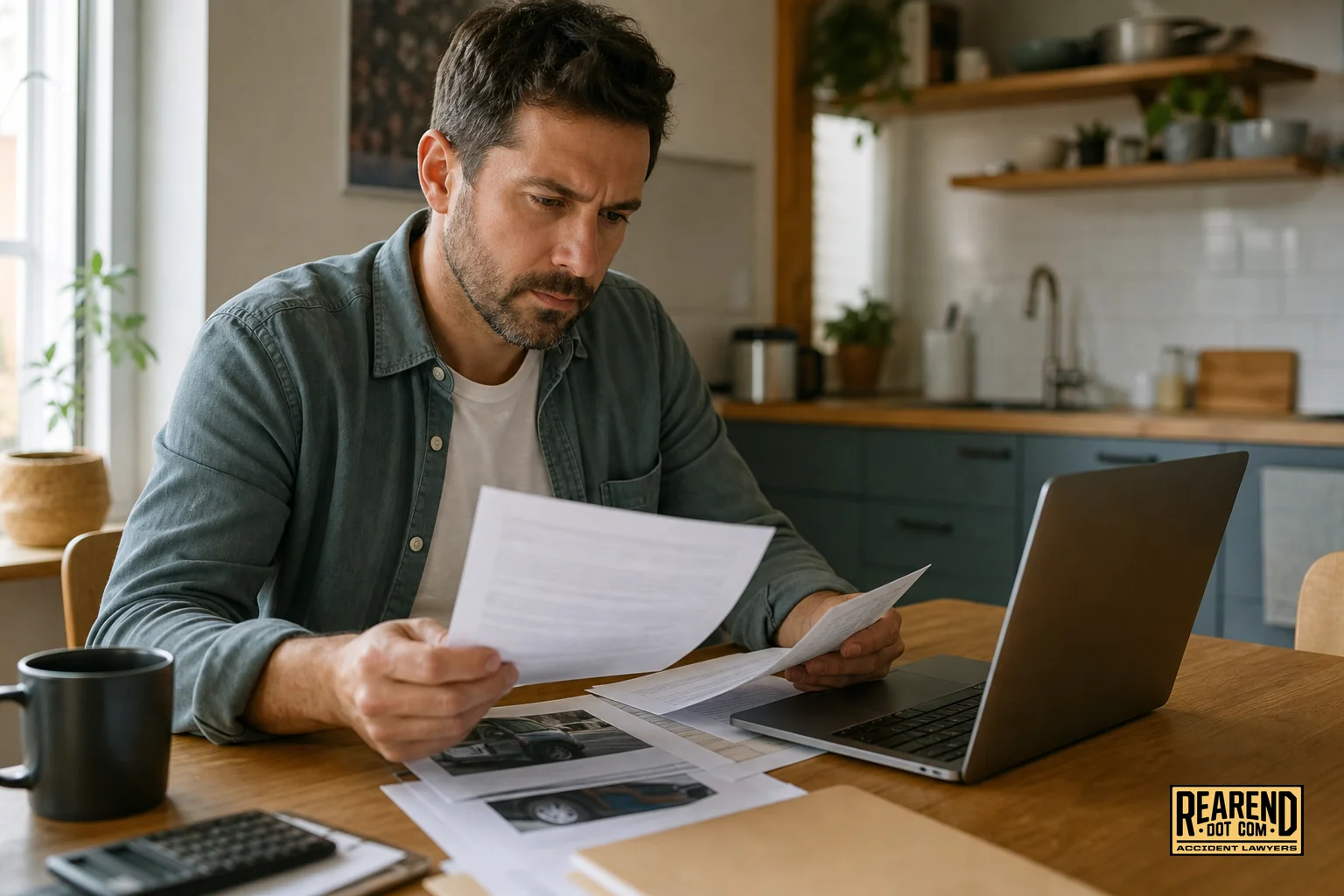Person reviewing paperwork and an insurance settlement letter at a kitchen table. photorealistic photo of a person sitting at a kitchen table reviewing an insurance settlement letter and car repair documents, concerned but composed