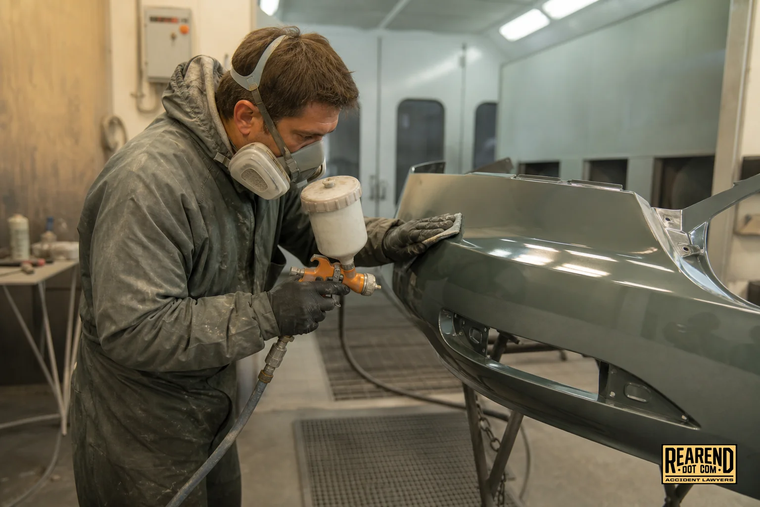 Auto body technician repairing a rear bumper in a shop. photorealistic photo of an experienced auto body technician carefully repainting and repairing a rear bumper panel inside a well-lit repair shop, tools and paint booth visible in the
