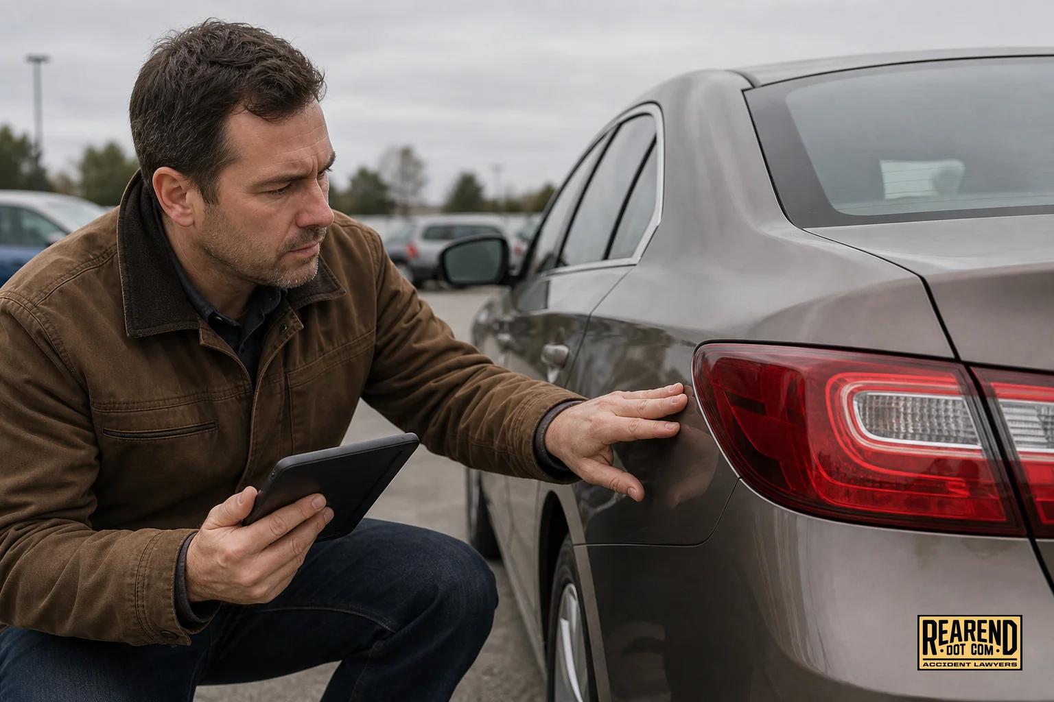 Independent appraiser inspecting a repaired vehicle with a tablet. photorealistic photo of an independent vehicle appraiser examining the rear panel seams and paint match of a recently repaired car in a parking lot, holding a tablet with an
