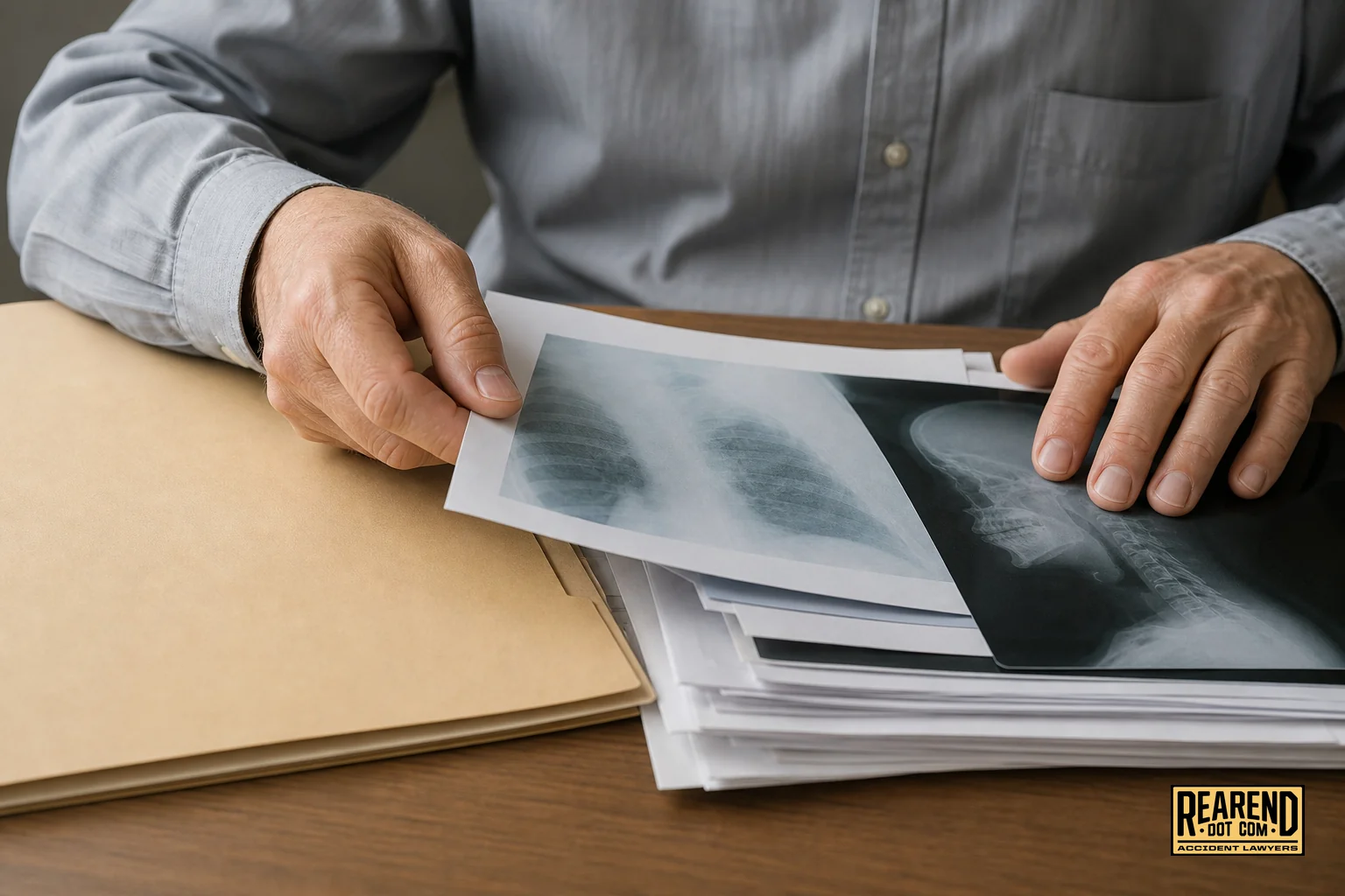 Close-up of hands organizing medical records and X-ray films on a desk. photorealistic close-up photograph of hands sorting through printed medical records, an X-ray film, and a manila folder on a wooden desk, soft diffused lighting, color