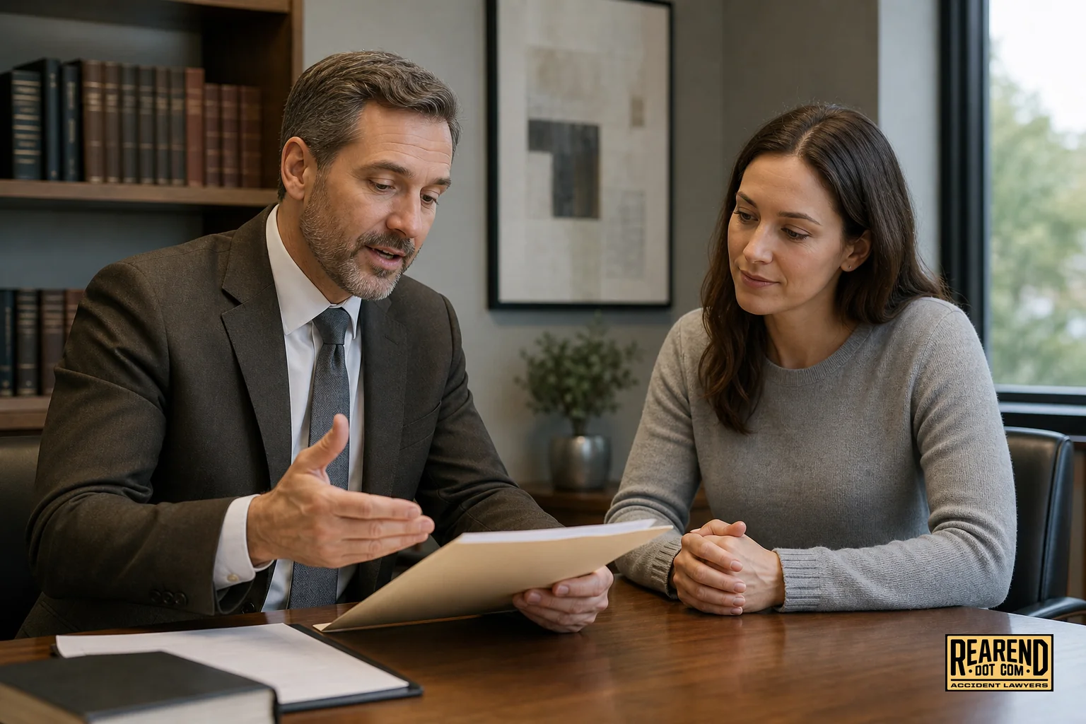 A consultation scene between an attorney and a client discussing a case file. photorealistic photograph of an attorney and a client sitting across a wooden table in a modern law office, both looking at a case folder together, attorney