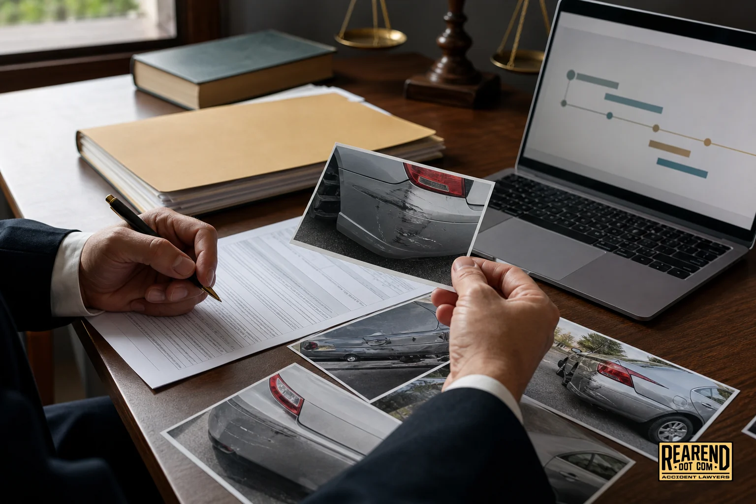Close-up of an attorney reviewing rear-end collision photos and a police report on a desk