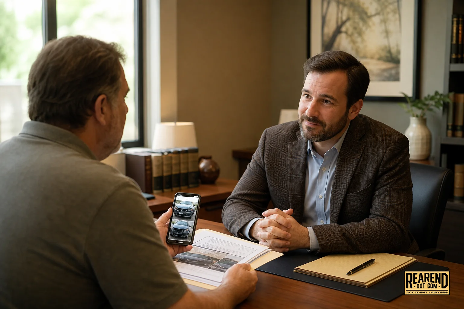 Attorney and client discussing accident details during a free legal consultation in a warm office setting