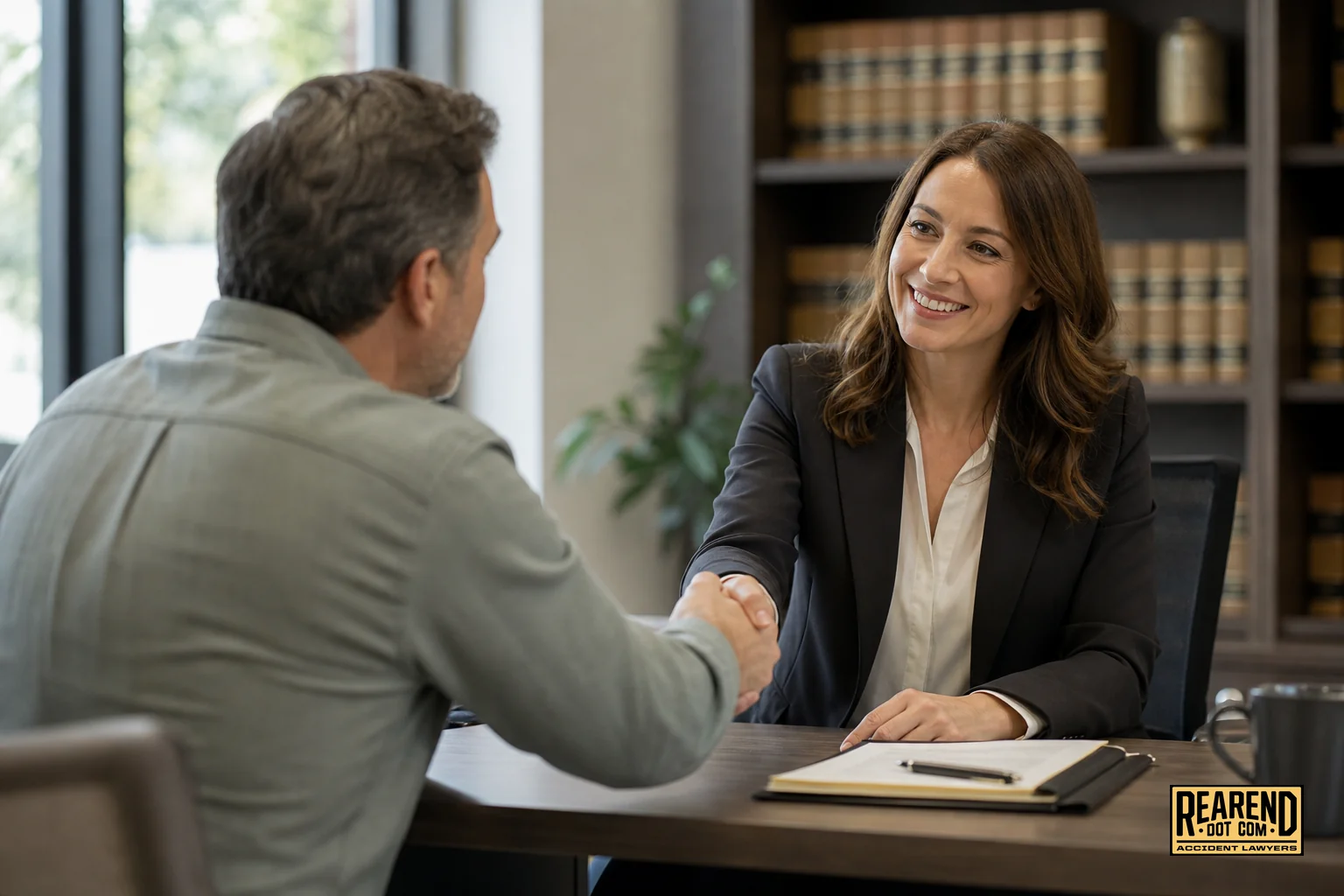 Attorney and client shaking hands in a warm, trust-building office meeting after a rear-end accident case discussion