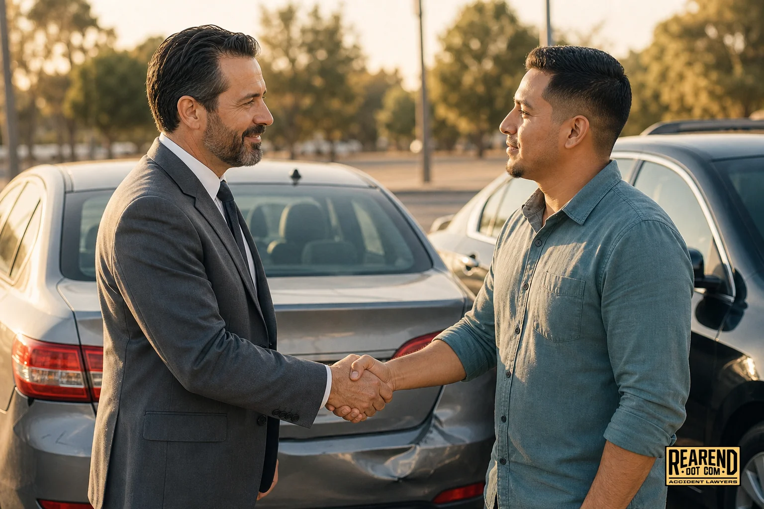 photorealistic photo of a firm handshake between an attorney and a client standing near a car with minor rear-end damage in a parking lot in Fresno, California, daylight golden hour lighting, warm tan and muted teal-gray tones matching