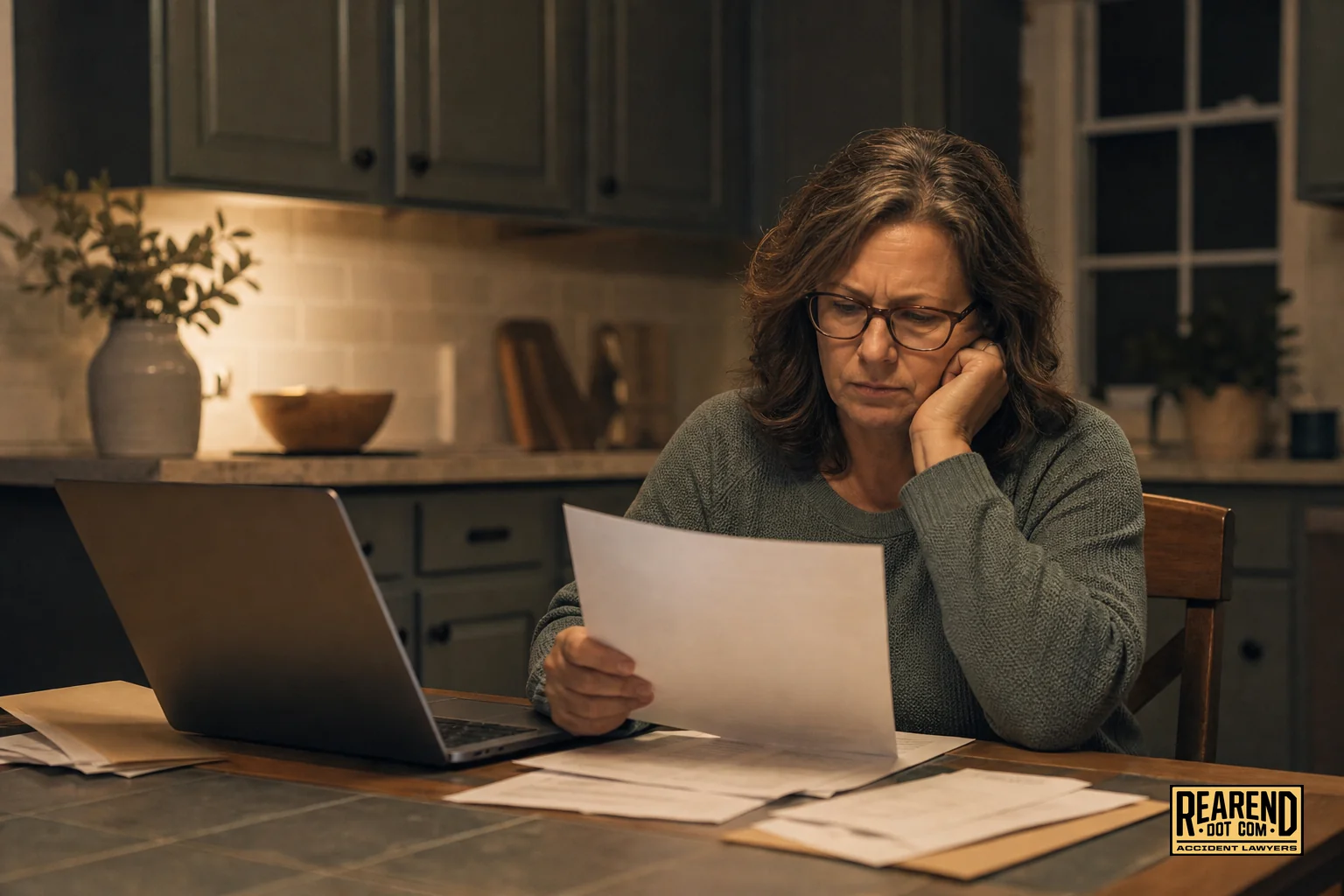 A person alone at a kitchen table reviewing insurance paperwork and a damaged car photo on a laptop, looking stressed. photorealistic photo of a middle-aged person sitting alone at a kitchen table at home, papers and a laptop open showing