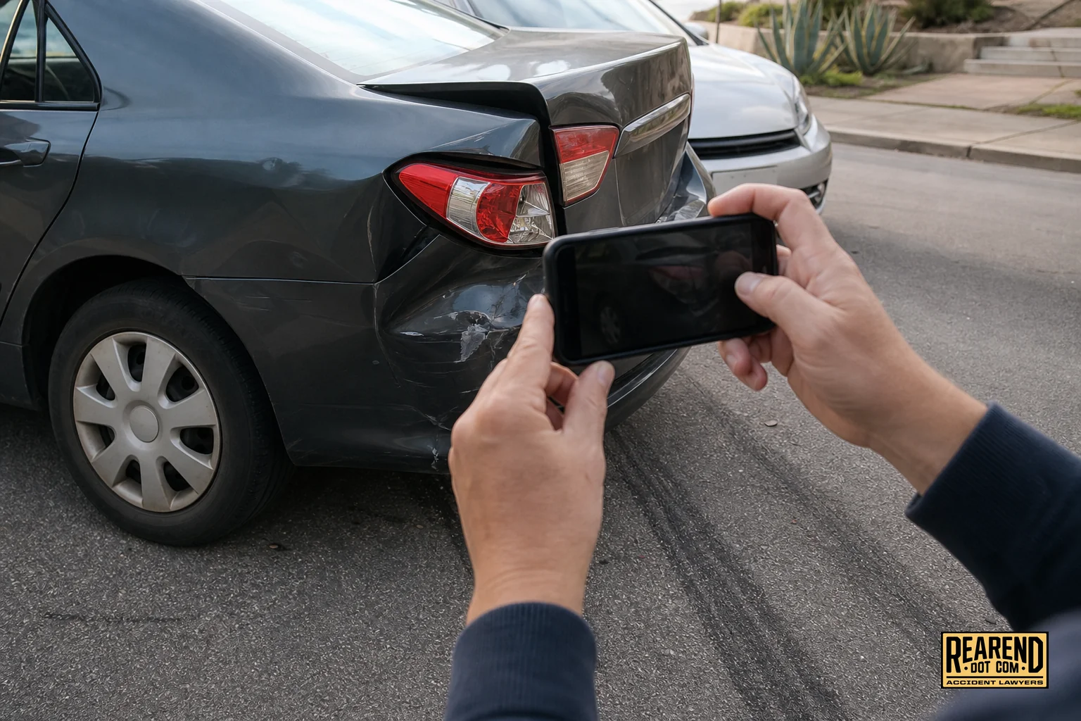 Photorealistic photo of a person's hands holding a smartphone photographing a crumpled rear car bumper on a suburban street after a collision, daylight, realistic skid marks faintly visible on asphalt, warm tan and slate gray tones in the