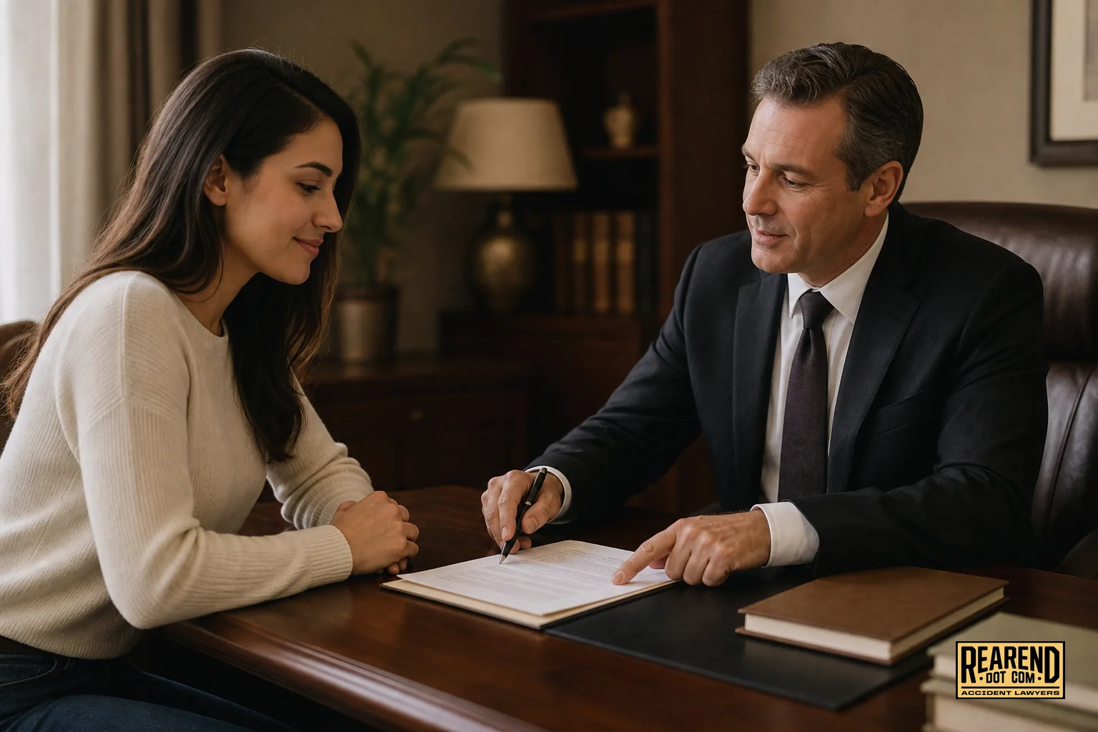 A client and attorney reviewing a case file together in a consultation setting. Photorealistic photo of an attorney and a client sitting across a wooden desk during a calm consultation, client looking relieved while attorney points to a