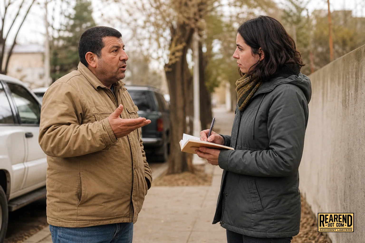 Photorealistic photo of two people standing on a sidewalk near parked cars having a serious conversation, one holding a small notebook and pen taking notes, the other gesturing while describing something, natural outdoor lighting, warm