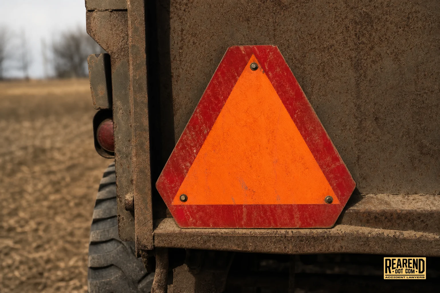 Close-up of a slow-moving-vehicle orange triangle emblem on the back of a farm trailer. photorealistic close-up photograph of an orange and red slow-moving-vehicle triangle emblem mounted on the back of a dusty farm trailer, natural