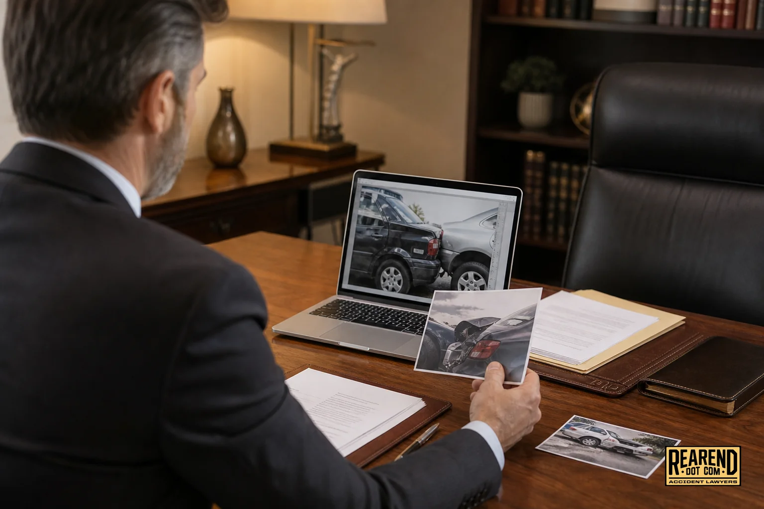 Attorney reviewing case documents and photos at a desk with a laptop, warm consultation setting. photorealistic photograph of a professional attorney at a wooden desk reviewing accident photographs and paperwork on a laptop screen, warm