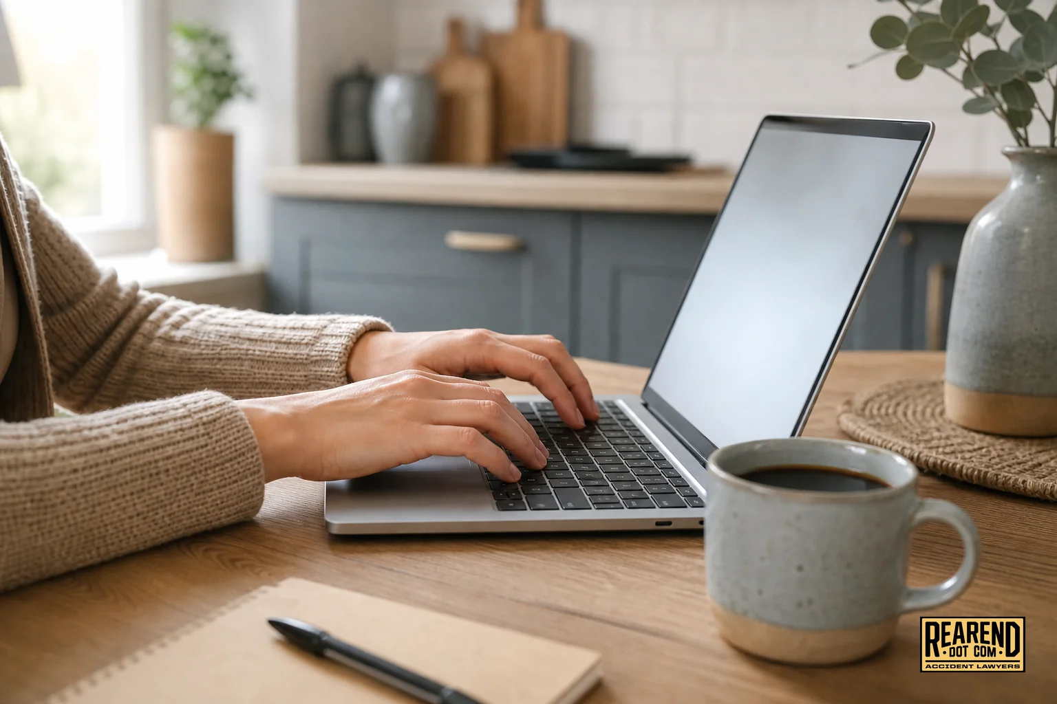 Close-up of hands typing on laptop filling intake form. photorealistic close-up photo of hands typing on a laptop keyboard at a kitchen table, laptop screen glow, cup of coffee nearby, warm neutral tones with accents of tan #e0c08f and