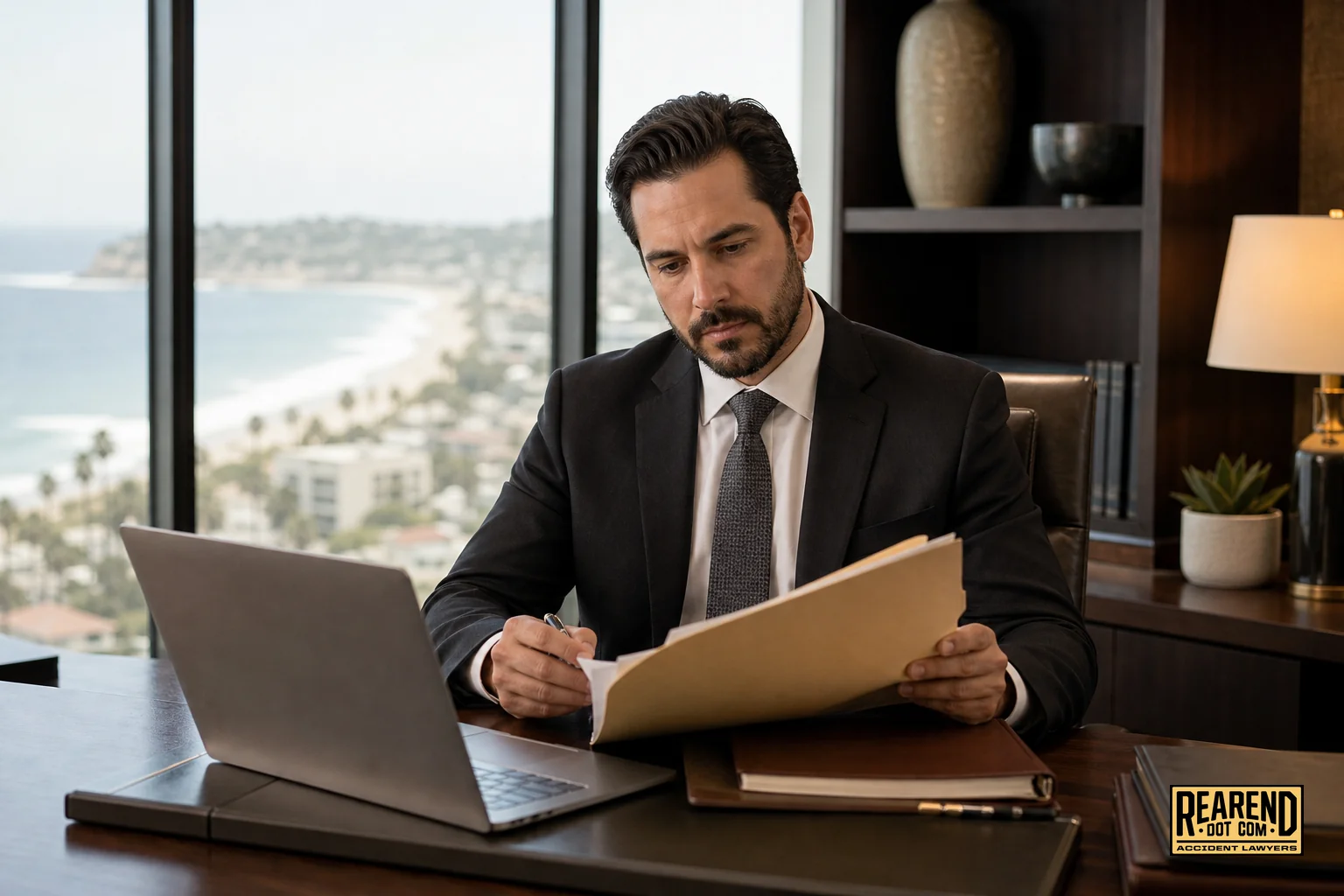 Attorney reviewing case file at desk preparing to call client. photorealistic photo of a professional attorney in business attire reviewing a case file and laptop at a wood desk in a modern office, San Diego coastline visible through window