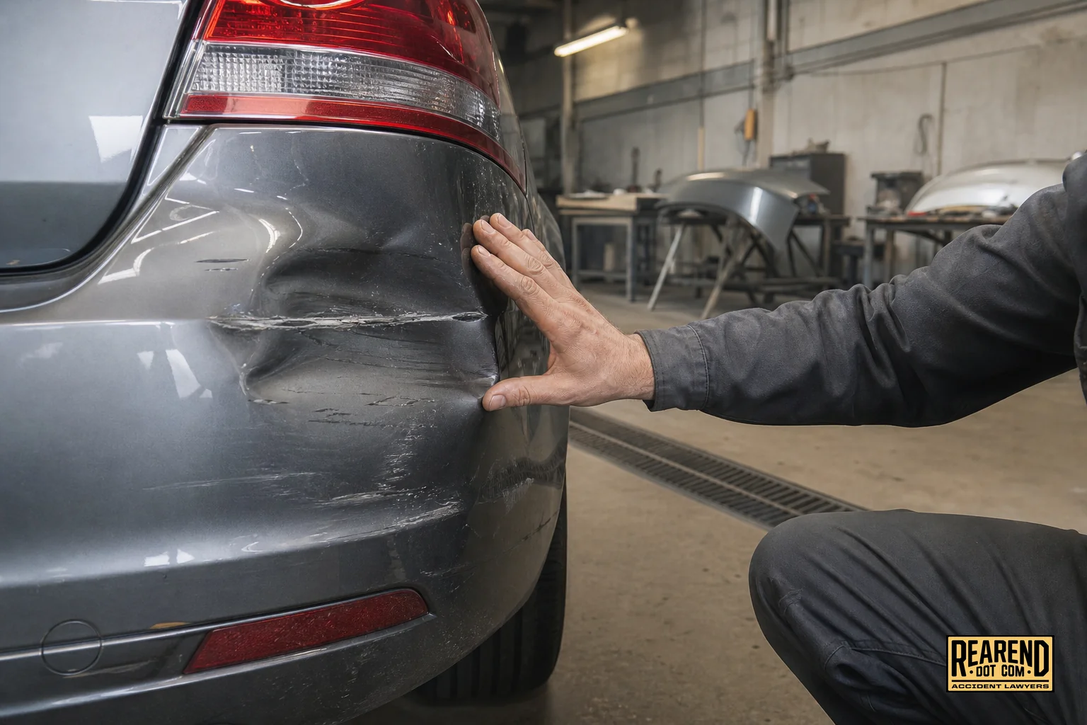 Damaged rear bumper being assessed at auto body shop. photorealistic photo of a rear car bumper with visible collision damage being inspected by a technician's hand at an auto body shop, industrial garage background in muted gray #7c8c8c