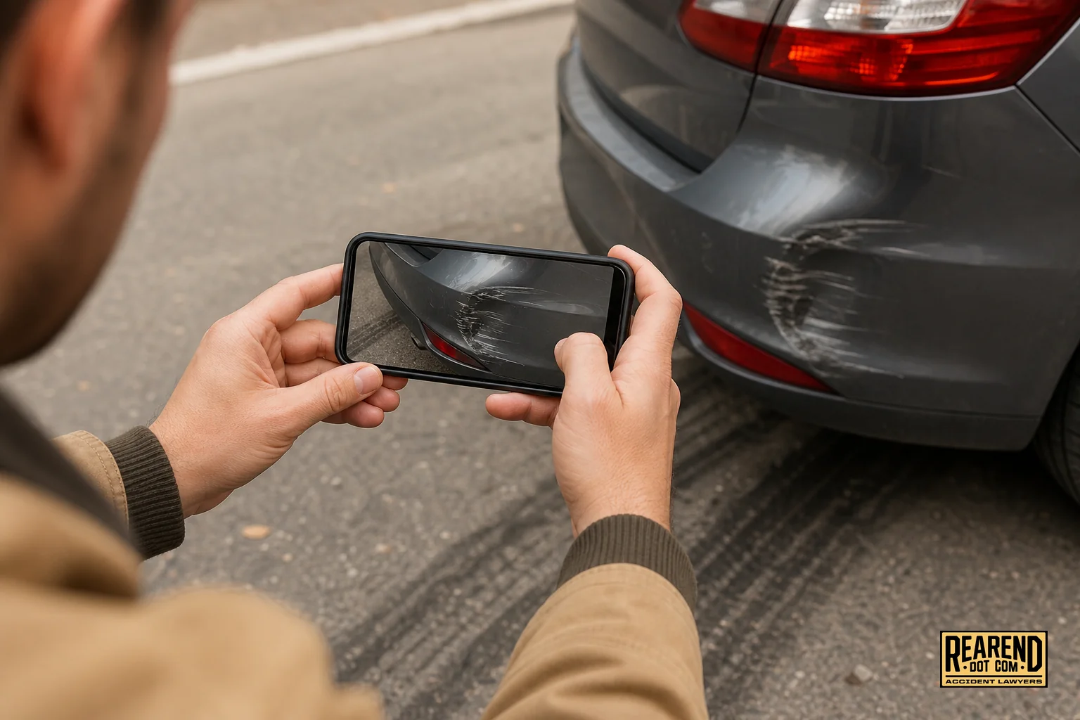 Close-up of hands photographing rear bumper damage and license plate with a smartphone. Photorealistic close-up photo of a person's hands holding a smartphone to photograph rear bumper damage on a car after a collision, visible skid marks