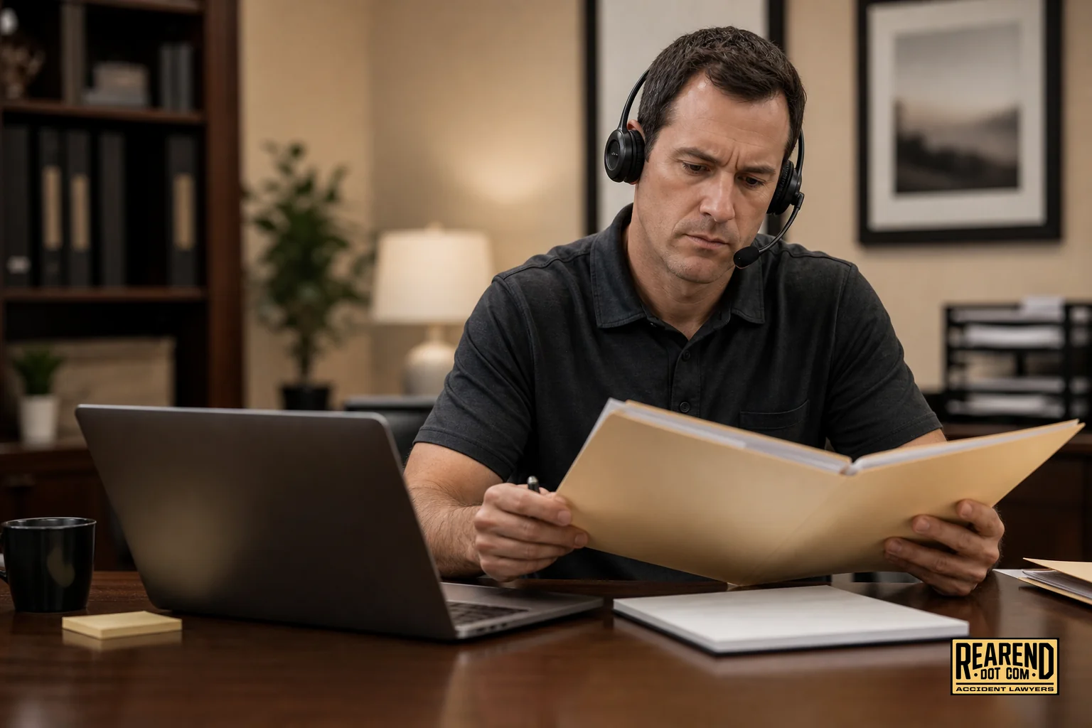 An adjuster on the phone taking notes while reviewing a claim file at a desk. Photorealistic photo of an insurance claims adjuster sitting at an office desk, wearing a headset, reviewing a car accident claim file with a laptop and notepad