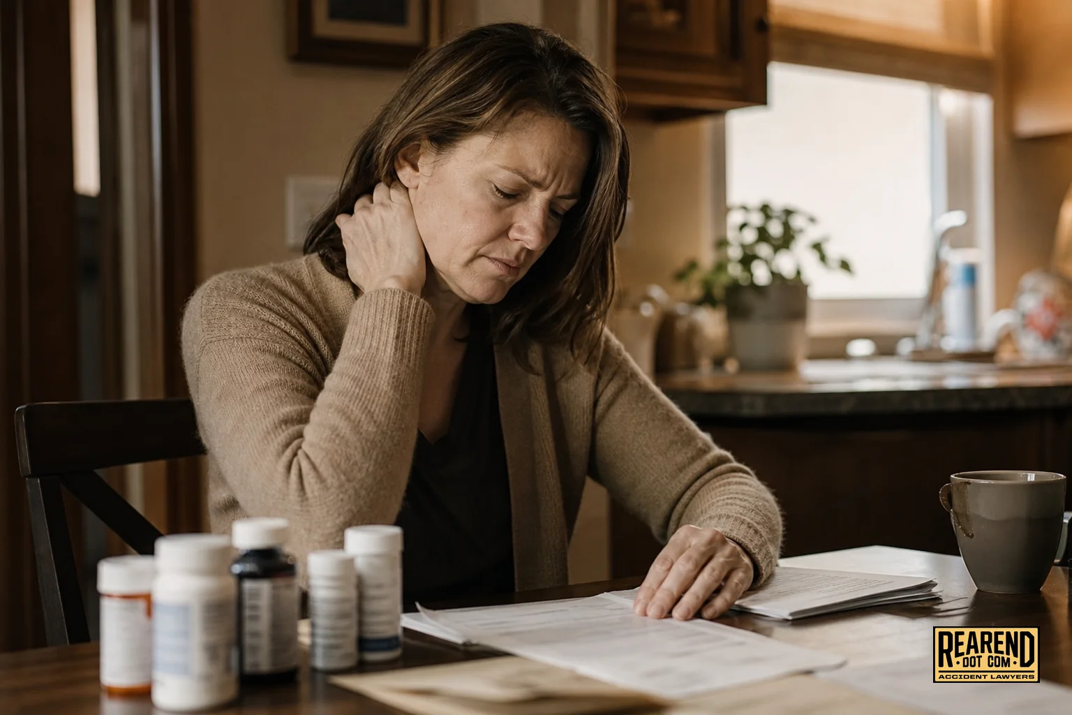 Person experiencing neck pain after a rear-end accident, sitting at a table with medical paperwork