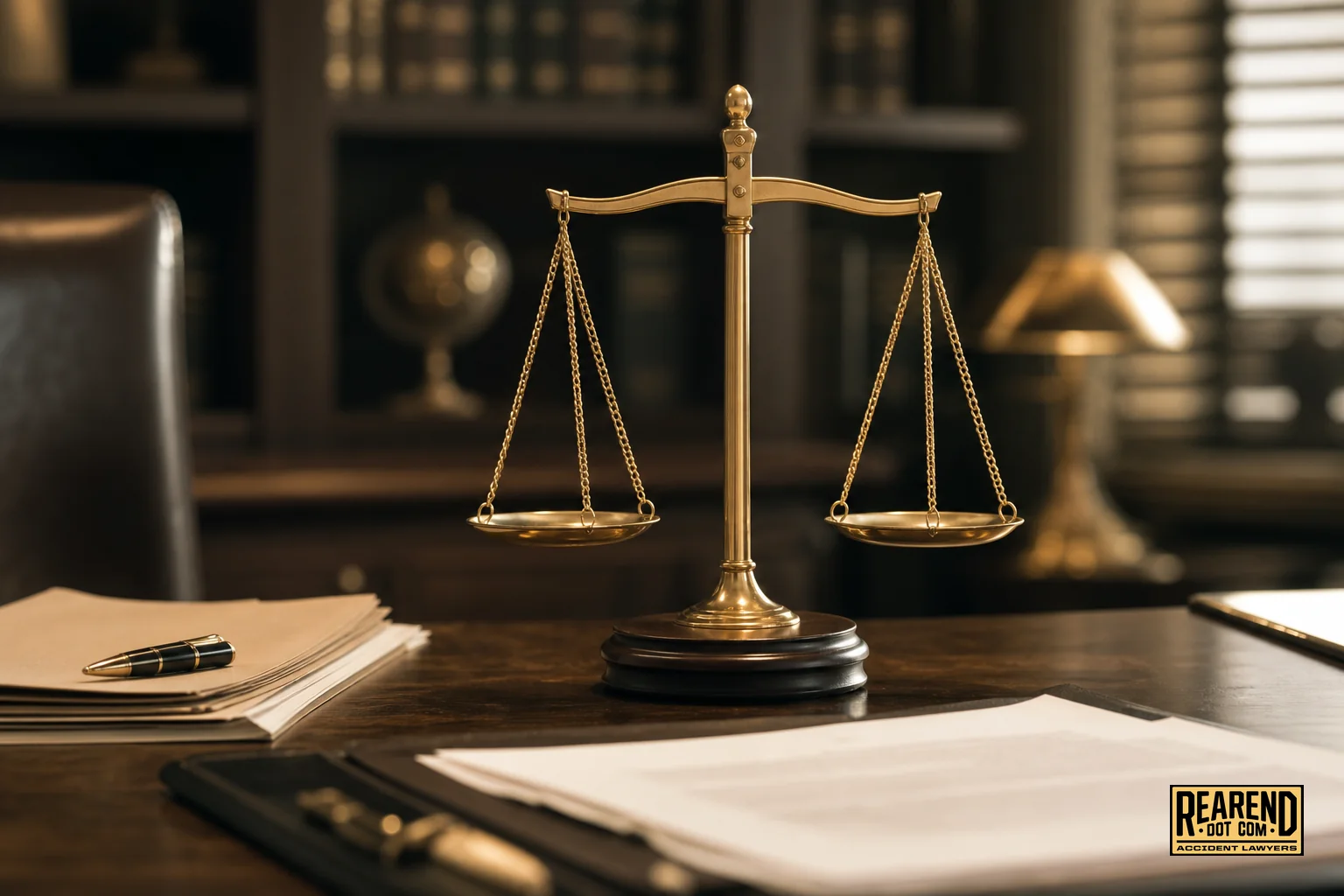 Legal documents and scales of justice on a desk representing rear-end accident settlement value