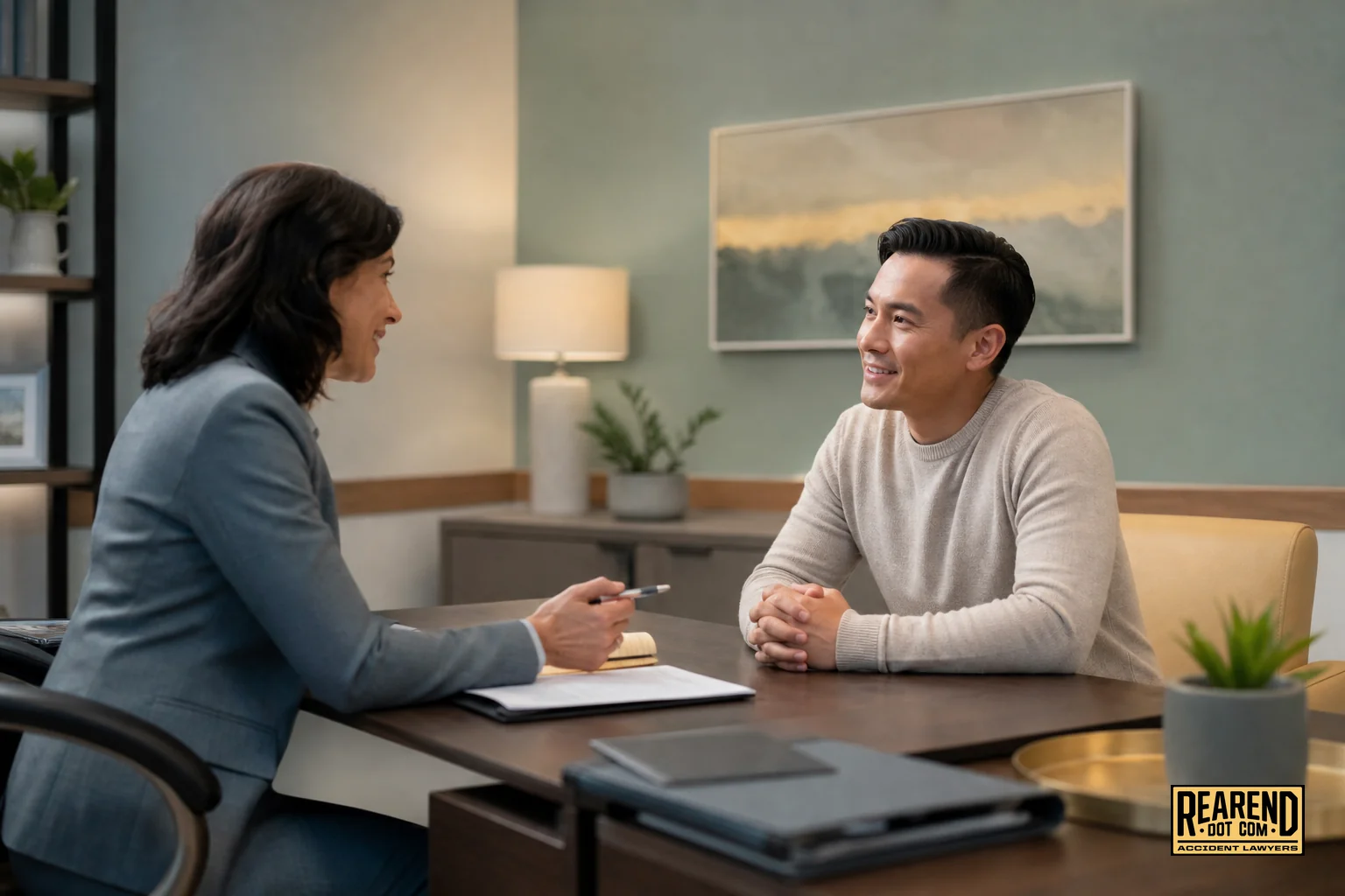 Attorney consulting with a rear-end accident client in a professional office setting