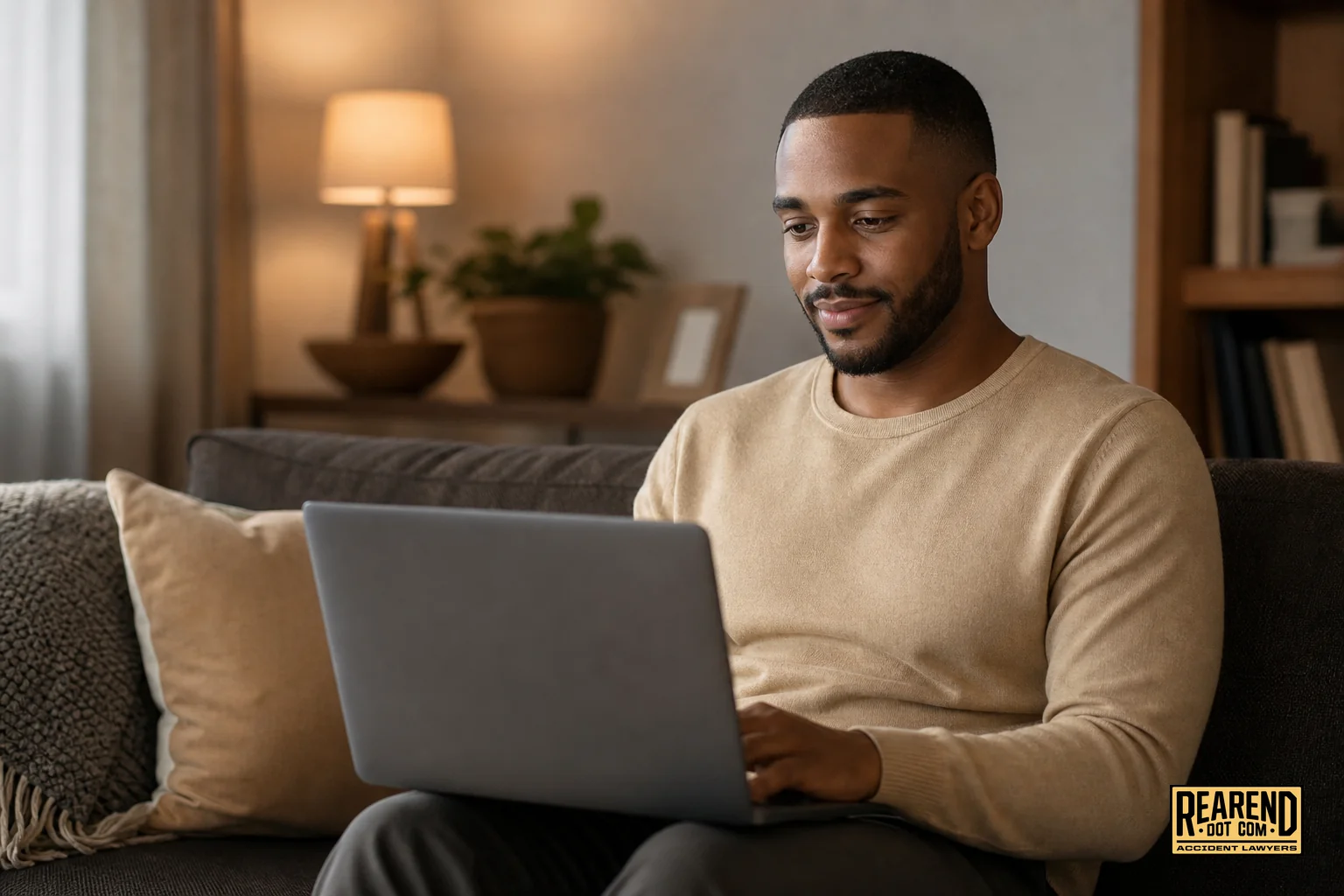 A person using a laptop or phone to fill out an online case evaluation form, representing the free intake process. Photorealistic photo of a person sitting on a couch at home, calmly using a laptop to fill out an online form, warm indoor