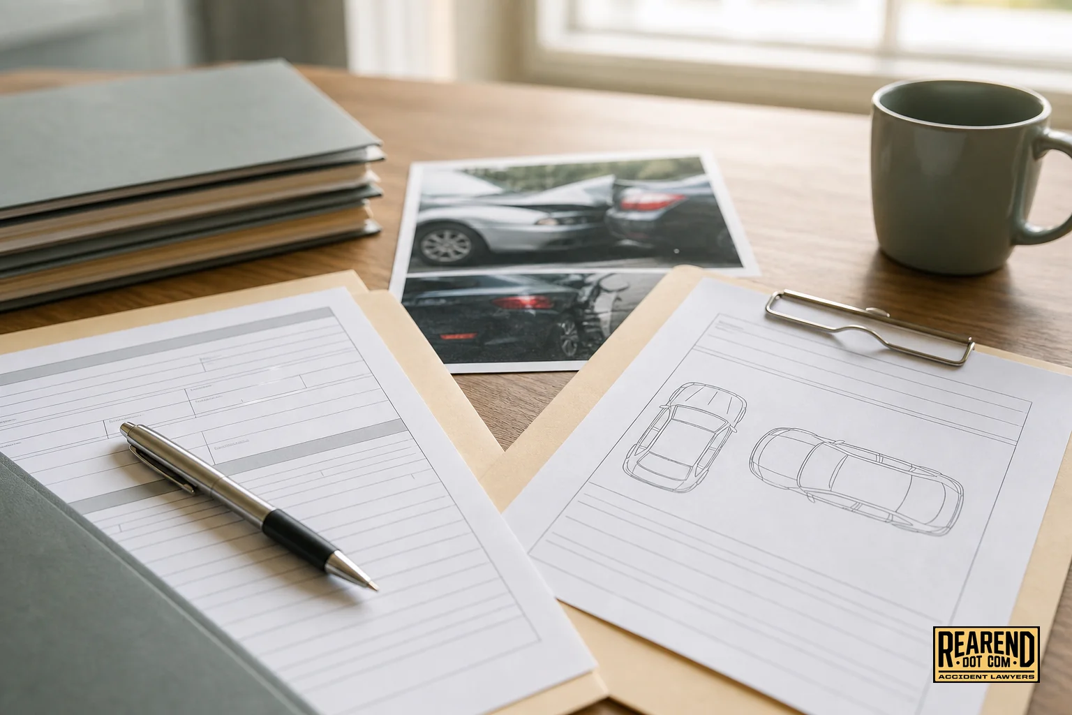 Photorealistic photo of insurance claim documents, a pen, and a car accident report laid out on a wooden table, soft natural window light, warm neutral tones of tan (#e0c08f) and slate gray-green (#7c8c8c), shallow depth of field